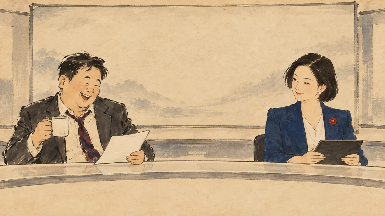 뉴스 데스크에 앉은 홍도와 윤복. 풍속화 붓으로 그린 그림